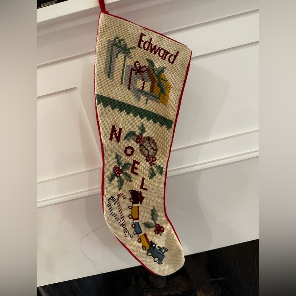 Vtg Cream Personalized Christmas Stocking for Edward with NOEL, Train Set, Gifts